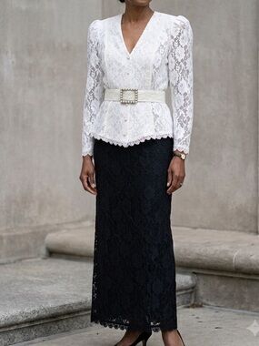 Vintage 80s Lace Skirt Suit Set Ivory Jacket Black Midi Pearl Wedding